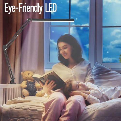 LED Desk Lamp, Manicure Table Lamp, Eye-Caring Drafting Light, Dimmable Office Table Lamp with 3 Color Modes, 10 Brightness Levels & Adapter, Memory Function(Black) - color: Black