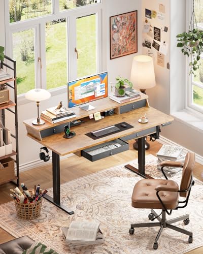 ErGear 63 X 30 Inch Electric Standing Desk with 4 Drawers, Height Adjustable Desk with Storage, C-Clamp Mount Compatible, Home Office Table with Cable Management Tray, Vintage Brown