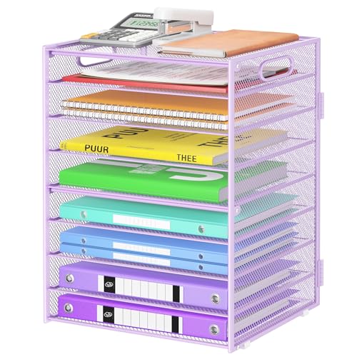 Cawukege 9 Tier Paper Organizer with Handle, Purple Large Capacity Desk Organizer Mesh File Folder Letter Paper Tray Desktop Document Sorter for Classroom, School, and Office Accessories Organization - color: 1 Pack - Purple