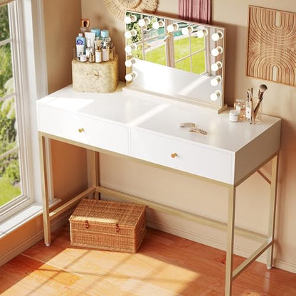 SUPERJARE 39.4" White and Gold Desk with 2 Drawers, Modern Makeup Desk - color: White and Gold, size: 39.4 inch