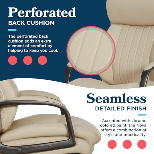 La-Z-Boy High-Back Ergonomic Office Chair, AIR Lumbar Support Leather Chair | Nova, 350lb Capacity Executive Task Chair, Padded Headrest & Arms, Layered Foam Seat Cushion, Swivel, Back Pain Relief, Cream - color: Cream