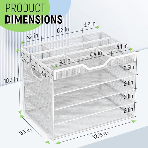 Docnest 5 Tier Mesh Desk Organizer with Removable Tray&Pen Holder, White - color: White, size: 12.6"x9.1"x10.3"