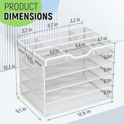 Docnest 5 Tier Mesh Desk Organizer with Removable Tray&Pen Holder, White - color: White, size: 12.6"x9.1"x10.3"