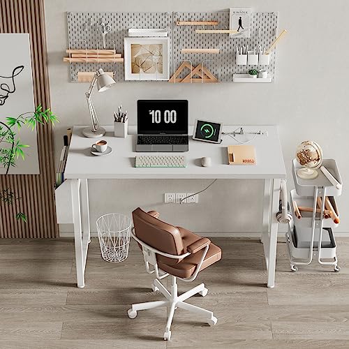 Lufeiya White Computer Desk with Power Outlet, 40 inch Simple Teen Study Table Home Office Work Writing Desks with Charging Station Outlets USB Port Built in, Storage Pocket，White - color: White, size: 39.4"