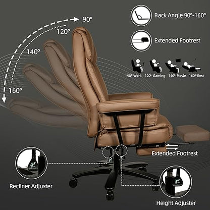 Reclining Office Chair with Footrest, Big and Tall High Back Home Office Desk Chairs 400lbs with Criss Cross Wide Seat, Heavy Duty Base, Pu Leather, Brown - color: Brown