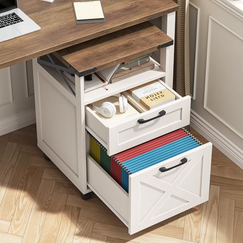 Vabches Office Filing Vertical Cabinet with 2 Drawers, Unique White | Farmhouse Filing Cabinet with Open Storage Space, Wheels and Printer Stand for Hanging Files Letter/A4 for Home Office. - color: Unique White, style: Vertical