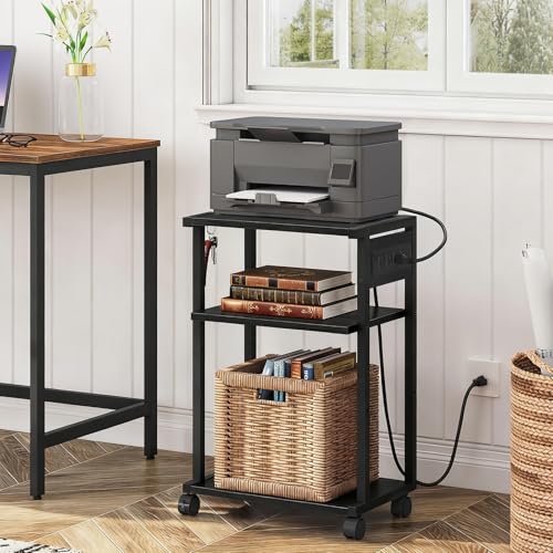 HOOBRO Industrial Printer Stand with Charging Station, 3-Tier Printer Table, Rolling Printer Cart with Adjustable Shelf and Hook, Black BB28UPS01 - color: Black