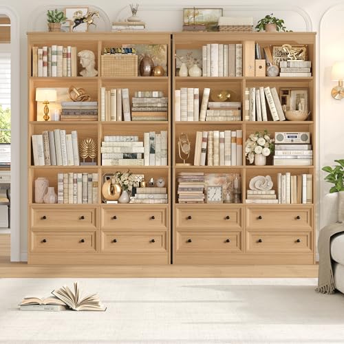 71" Tall Bookshelf with 4 Drawers Large Bookshelf Office Bookcase | 6-Tier Double Wide Bookshelves and Bookcases with Storage, Tall Bookshelf Standing Book Cabinet for Home Office, Natural - color: Natural