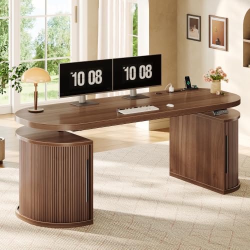 SEDETA 57" Standing Desk with Storage, Electric Height Adjustable Executive Fluted Desk with Curved Cabinets, Computer Desk with Power Strip for Home Office, Brown - color: Brown, size: 57" Standing Desk