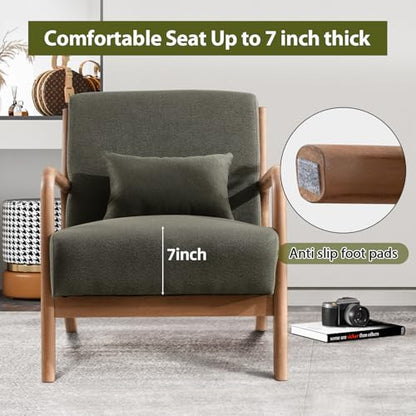 INZOY Mid Century Modern Accent Chair with Wood Frame, Upholstered Living Room Chairs with Waist Cushion, Reading Armchair for Bedroom Sunroom (Green) - color: A-blackish Green