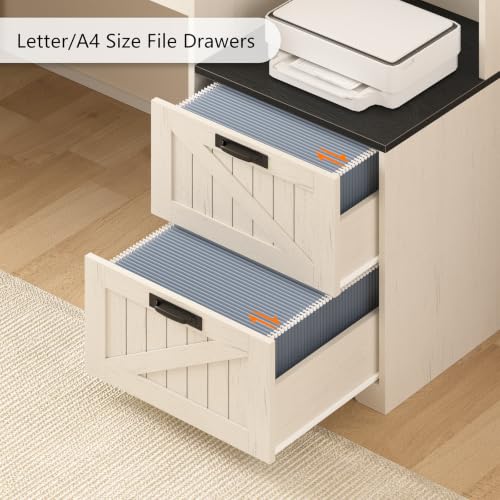 TVU Farmhouse L Shaped Desk with Drawers, 62.2" Home Office Desk with Storage Shelves and Power Outlet, L Shaped Computer Desk with Monitor Stand and Printer Shelf, Black and White - color: Black and White