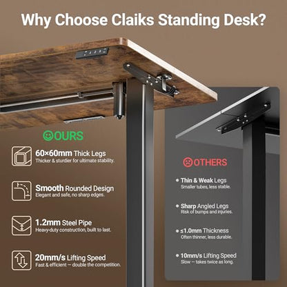 Claiks Electric Height Adjustable Standing Desk, 48x24 Inch, Rustic Brown | Smooth Height Adjustment, 3 Memory Presets, Cable Management Hub&Hook, Stable Steel Frame, 176lbs Capacity, Easy Assembly - color: Rustic Brown, size: 48