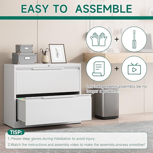 2 Drawer File Cabinet with Lock,Lateral File Cabinet,35.4" W Metal File Cabinets for Home Office,Hanging Files Letter/Legal/F4/A4 Size (White - Assembly Required) - color: White, size: 2 Drawer-Lateral-36"W