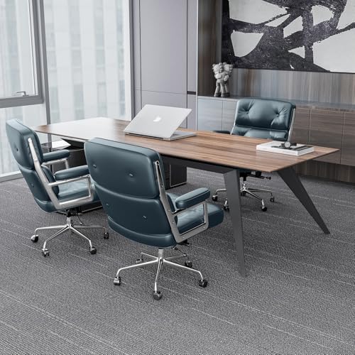 Genuine Leather Office Chair, Mid Back Executive Desk Chairs with Aluminum Arms and Wheels, Swivel Office Leather Chair with Thickened Backrest and Ergonomic Lumbar Support, Dark Blue - color: Dark Blue