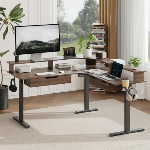 MALOL 59" L Shaped Electric Standing Desk with Drawers, Height Adjustable Desk with Power Outlets & LED Lights, Monitor Stand, Corner Computer Desk for Home Office, Walnut - color: Walnut