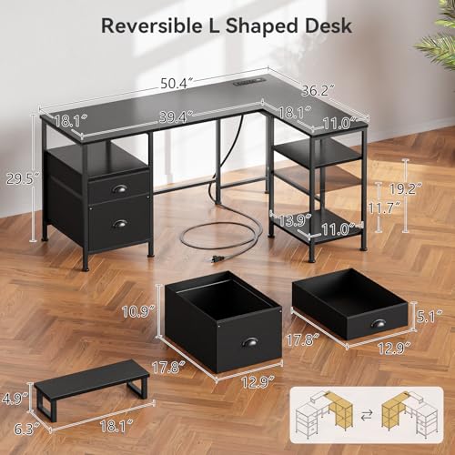Furologee 50 Inch L Shaped Gaming Desk with Power Outlet and Drawers, Black - color: Black, size: 50 Inch