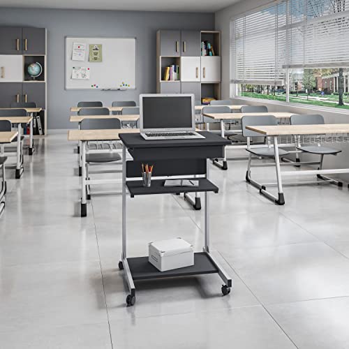 Techni Mobili Rolling Laptop Cart w/ Storage & Printer Shelf,Graphite Black | Rolling laptop cart with storage shelf, printer platform, locking wheels, portable workstation, laptop stand, or mobile desk