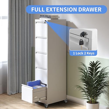 5 Drawer File Cabinet with Wheels, Metal Mobile File Cabinet with Lock, Rolling Filing Cabinet Home Office for Hanging File Folders, Letter Size, Legal Size, A4 Size, Require-Assembled, White - color: White, size: 64.10"H-5 Drawer