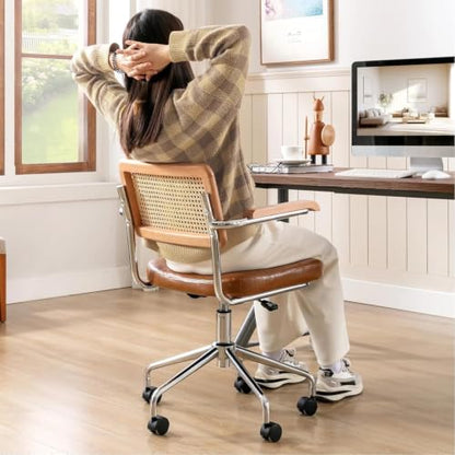 Zesthouse Leather Office Desk Chair with Wheels, Mid Century Rolling Desk Chair with Wood Arm & Natural Rattan Back, Modern Swivel Home Office Chair, Small Height Adjustable Computer Task Chair, Brown - color: Brown, size: Armrest