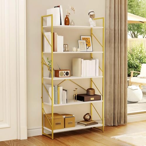 YITAHOME 5 Tiers Gold Bookshelf | Modern Wide Bookcase, Large Book Rack, Storage Rack Shelves in Bedroom/Living Room/Home/Office, Books Holder Organizer - color: Gold, size: 31.5"W x 62.2"H