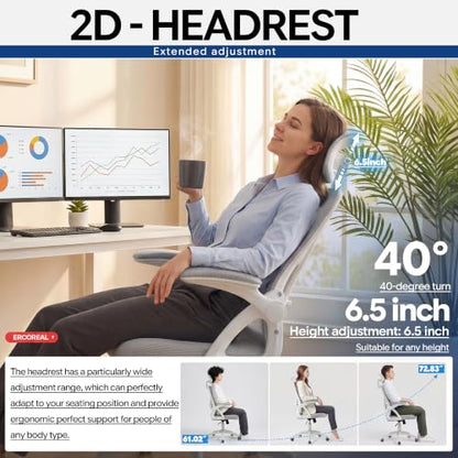 Ergonomic Mesh Office Chair with Headrest, Lumbar Support, 400 lbs - color: Light Gray