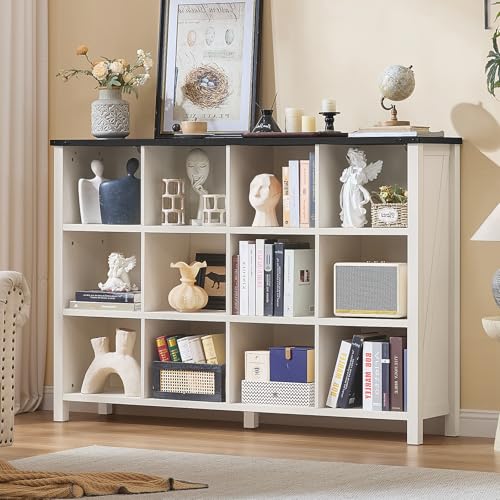 Joaxswe 12 Cube Storage Organizer, Farmhouse 62 Inch Warm White Display Bookshelf, Wooden 3 Tier Large Open Book Shelf, Modern Bookcase for Home Office, Rustic Cubby Cabinet for Living Room, Bedroom - color: Warm White & Black, size: 12 Cube (13.6"D x 62"