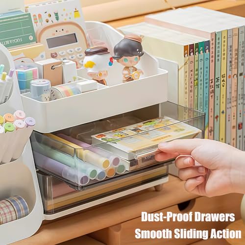 Desk Organizer with Pen Pencil Holder, Pen Organizer with 2 Drawers & 4 Compartments, Desktop Organizers and Storage for Office Home School Art Supplies (Black)