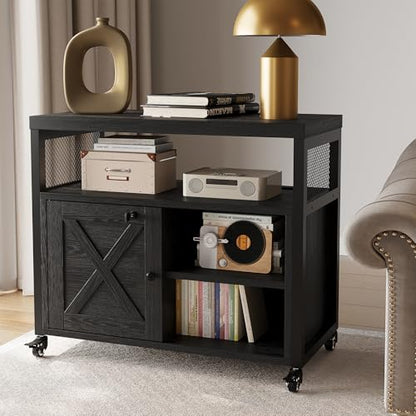 FUSUNBAO Farmhouse Printer Stand with Storage, Rolling Printer Cabinet with Shelves, Charge Station, Wheels, and File Cabinet for Home Office Storage (Black) - color: Black