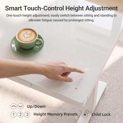 Claiks Touch Screen Glass Standing Desk with Drawers and USB Ports, 48×24 Inch Adjustable Stand Up Desk, Quick Install Home Office Glass Top Computer Desks, White - color: Glass Top Touch Screen, size: 48 inch
