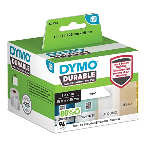 DYMO LW Durable Industrial Labels for LabelWriter Label Printers, White Poly, 1” x 1”, 2 Rolls of 850 (1700 Total) - size: 1" x 1"