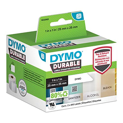 DYMO LW Durable Industrial Labels for LabelWriter Label Printers, White Poly, 1” x 1”, 2 Rolls of 850 (1700 Total) - size: 1" x 1"