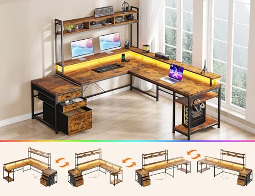 EnHomee 104" L Shaped Desk, 4 Layout Convertible RGB Lights & Monitor Stand - color: Rustic Brown
