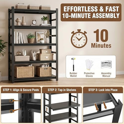 5 Tier Metal Book Shelf, Adjustable Tall Bookcase with Anti-Drop Fence | 72"H Heavy Duty 3000LBS Modern Deep Bookshelf, Bolt-Free Storage Shelves for Living Room, Home Office, Garage - size: Upgraded-36"W x 16"D x 72"H