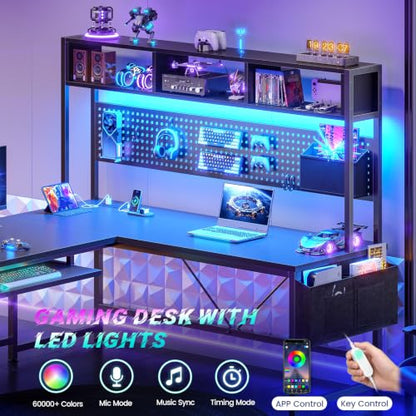 SEDETA 67" L Shaped Gaming Desk with Pegboard LED Lights and Power Outlet | Reversible Computer Desk with Keyboard Tray Hutch and Stoage Bag for Home Office, Black - color: Black With Power Outlet and Pegboard