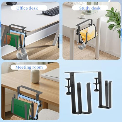 Desk Side Laptop Mount Metal Hanging Desk Side Storage, No Drilling Siding Table Organizer for Office Home Tablets,Laptop Holder Vertical(black-1-double-deck)