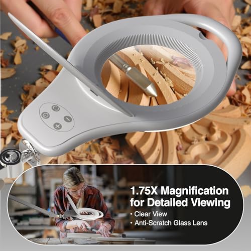 Dimmable Magnifying Desk Lamp with Clamp,1.75X magnification, Touch Dimmer, 96 SMD LEDs, Adjustable Arm, Dual Warm & Cold Light Modes for Crafts, Reading, Repair (Universal Voltage, Eye Strain Relief)