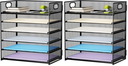 Marbrasse 6 Tier Paper Organizer Letter Tray - Mesh Desk File-Organizer with Handle, Paper Sorter Organizer for Letter/A4 Office File Folder Holder - Black (Pack of 2) - color: Black