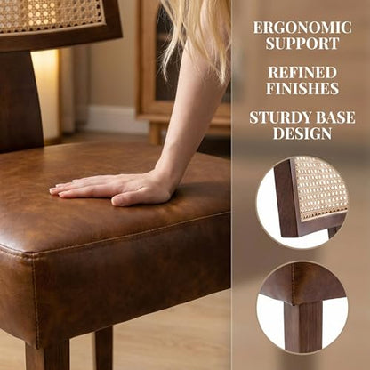 HNY Mid Century Modern Rattan Dining Chairs Set of 2, Farmhouse PU Leather Upholstered Accent Chair Curved Backrest Kitchen Chairs, with Hardwood Frame, Brown - color: Brown Rattan