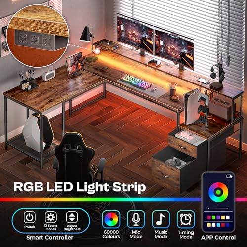 PRAISUN 66" L Shaped Gaming Desk with LED Lights & Power Outlets - color: Rustic Brown