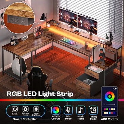 PRAISUN 66" L Shaped Gaming Desk with LED Lights & Power Outlets - color: Rustic Brown