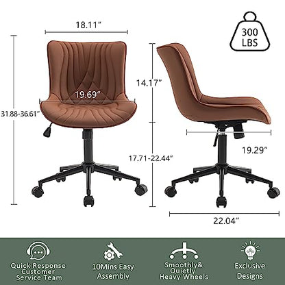 YOUTASTE Coffee Brown Office Chair Modern Armless Desk Chair with Wheels Adjustable Swivel Rocking Rolling Computer Study Chairs Faux Leather Sewing Chairs with Back Stylish Vanity Chair - color: Coffee Brown