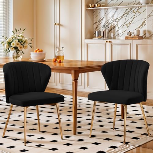 Velvet Dining Chairs Set of 2, Modern Upholstered Vanity Chairs with Golden Metal Legs for Dining Room Kitchen Vanity Patio (Black) - color: Black