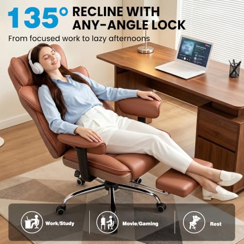ALLGOD Office Desk Chair, Big and Tall Executive Chair with Lumbar Support, High Back Computer Gaming Chair, PU Leather with Pocket Spring Cushion, Adjustable Armrests and Footrest, Brown - color: Brown