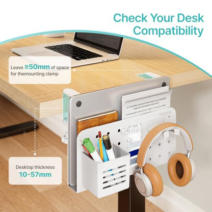 PEGZONE Desk Side Storage Organizer, Fits Flat Edge 0.4" to 2.2", White | No Drill Under Desk Laptop Holder, Clamp on Desks Shelf with Pegboard Accessories, Hanging Laptop Mount - color: White