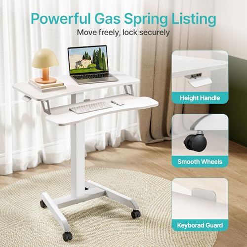 PEGZONE 31'' Standing Rolling Desk with Keyboard Tray for Classroom, White