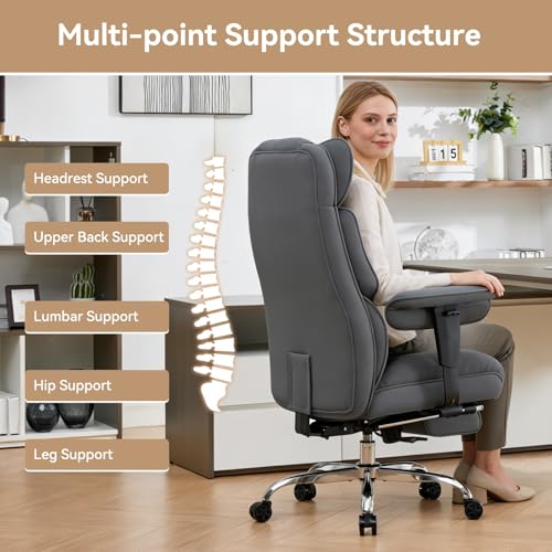 Efomao Executive Office Chair, Bluegrey Fabric Big and Tall Desk Chair | Breathable fabric, pocket spring & foam seat, retractable footrest, 135° recline for computer gaming setup - color: 3084mus-bluegrey