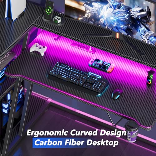 Korfile 40 Inch Gaming Desk with Power Outlet & LED Lights, L Shaped Computer Gaming Table with 3 Tiers Storage Shelves, Corner Gamer Desk with Monitor Stand for Small Space, Carbon Fiber Black | L Shaped Computer Gaming Table, Corner Gamer Table, with 3