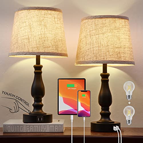 EJIAXIN Table Lamps Set of 2, Bedside Nightstand Lamps with USB Charging Ports,Dimmable Touch with Linen Fabric Lampshade, Modern Small Lamp for Bedrooms, Living Room (Bulbs Included) - color: Beige Shade and Black Base