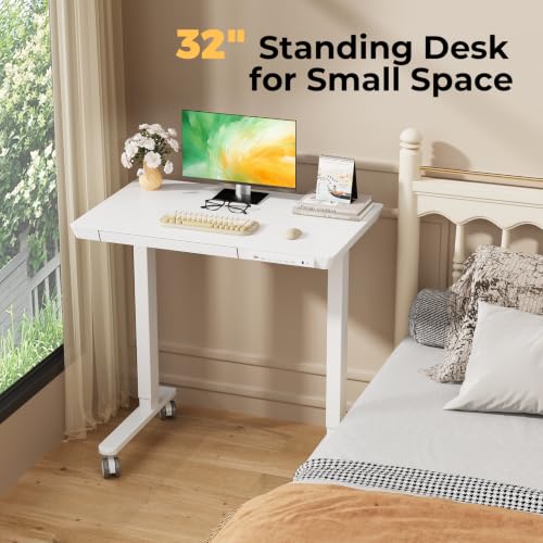 32" Electric Standing Desk with Drawer, Rolling Laptop Desk - color: White Wood-top, size: 32"