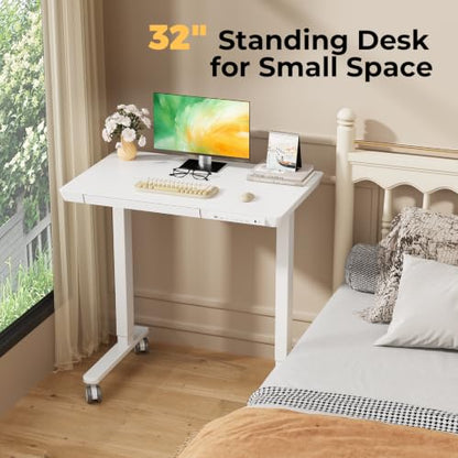 32" Electric Standing Desk with Drawer, Rolling Laptop Desk - color: White Wood-top, size: 32"